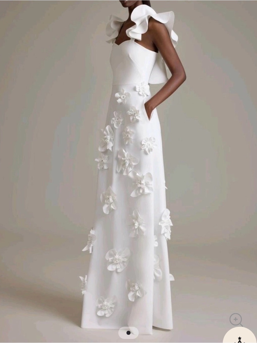 NWT White Ruffle-Shoulder Floral Appliqué Floor Length Dress
